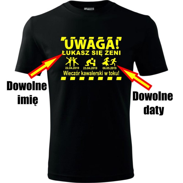 Czarna Męska koszulka - Uwaga + dowolne imię + się żeni + 3 daty, personalizacja wieczór kawalerski prezent dla kawalera. Dostępne wszystkie rozmiary S, M, L, XL, XXL, XXXL, XXXXL. Zapraszamy do zakupu.