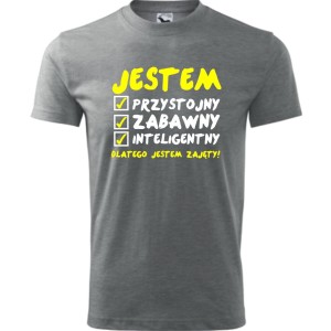 Szara Męska koszulka - Jestem Przystojny 02 - dla chłopaka. Dostępne wszystkie rozmiary S, M, L, XL, XXL, XXXL, XXXXL. Zapraszamy do zakupu.