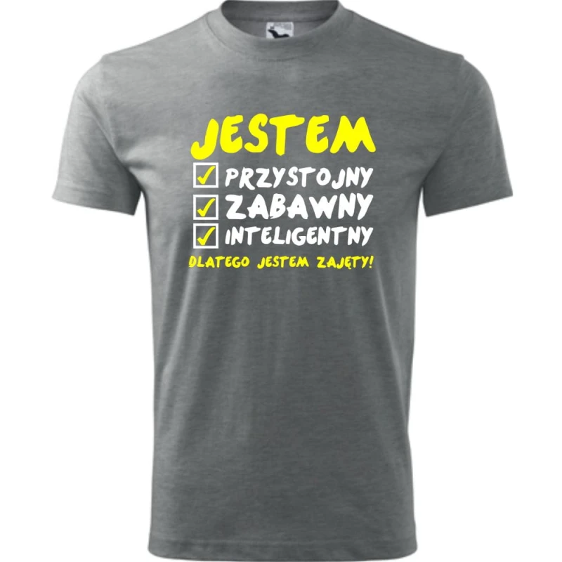 Szara Męska koszulka - Jestem Przystojny 02 - dla chłopaka. Dostępne wszystkie rozmiary S, M, L, XL, XXL, XXXL, XXXXL. Zapraszamy do zakupu.