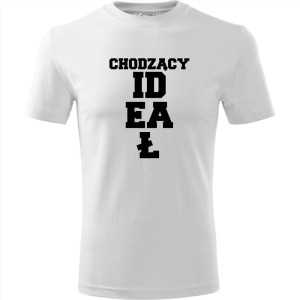 Biała Męska koszulka - Chodzący ideał - prezent dla chłopaka. Dostępne wszystkie rozmiary S, M, L, XL, XXL, XXXL, XXXXL. Zapraszamy do zakupu.