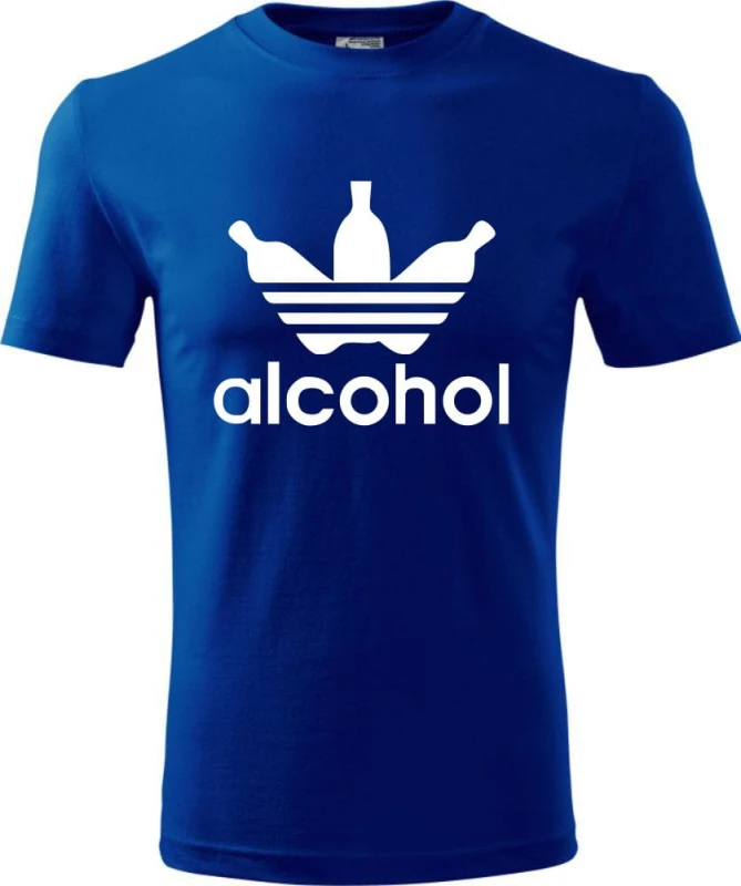 niebieska Męska koszulka - Alcohol, śmieszna i wyjątkowa. T-shirt jak znane logo ADIDAS. Dostępne wszystkie rozmiary S, M, L, XL, XXL, XXXL, XXXXL. Zapraszamy do zakupu.