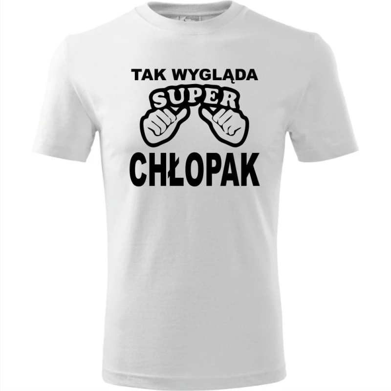 Biała Męska koszulka - Tak wygląda super chłopak | prezent dla niego na dzień chłopaka, urodziny, święta, Mikołaj. Dostępne wszystkie rozmiary S, M, L, XL, XXL, XXXL, XXXXL. Zapraszamy do zakupu.