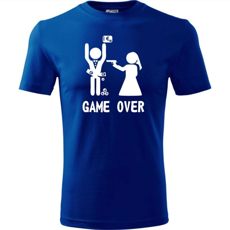 Niebieska Męska koszulka - Game over 07 - wieczór kawalerski prezent pan młody pistolet. Dostępne wszystkie rozmiary S, M, L, XL, XXL, XXXL, XXXXL. Zapraszamy do zakupu.