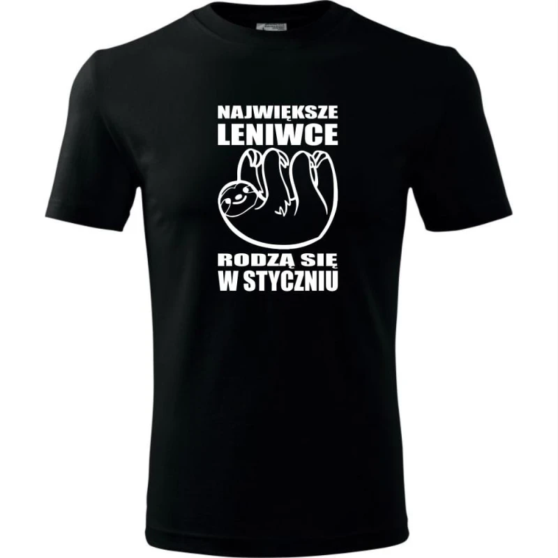 czarna męska koszulka - największe leniwce rodzą się w styczniu.