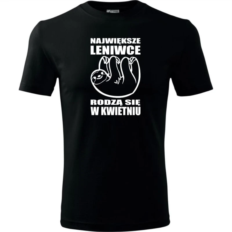 czarna męska koszulka - największe leniwce rodzą się w kwietniu.