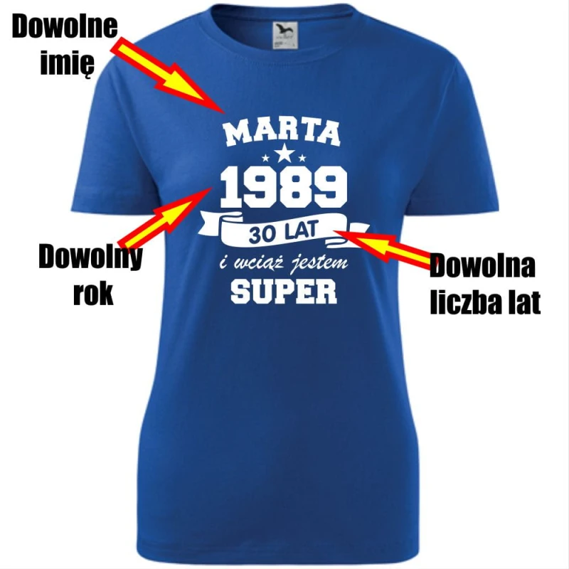 niebieska damska koszulka - wciąż jestem super + dowolne imię+ rok+ wiek.