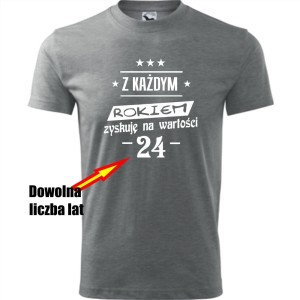 szara czarna męska koszulka - z każdym rokiem zyskuję na wartości + dowolny wiek.