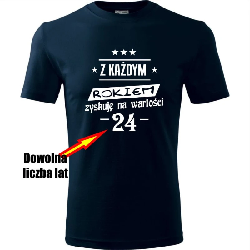 granatowa męska koszulka - z każdym rokiem zyskuję na wartości + dowolny wiek.