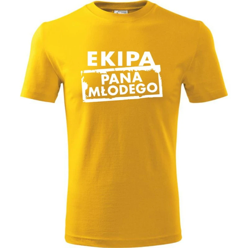 Żółta męska koszulka - ekipa pana młodego - t-shirt wieczór kawalerski. Dostępne wszystkie rozmiary S, M, L, XL, XXL, XXXL, XXXXL. Zapraszamy do zakupu.