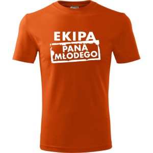Pomarańczowa męska koszulka - ekipa pana młodego - t-shirt wieczór kawalerski. Dostępne wszystkie rozmiary S, M, L, XL, XXL, XXXL, XXXXL. Zapraszamy do zakupu.