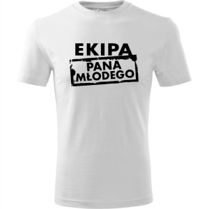 Biała męska koszulka - ekipa pana młodego - t-shirt wieczór kawalerski. Dostępne wszystkie rozmiary S, M, L, XL, XXL, XXXL, XXXXL. Zapraszamy do zakupu.