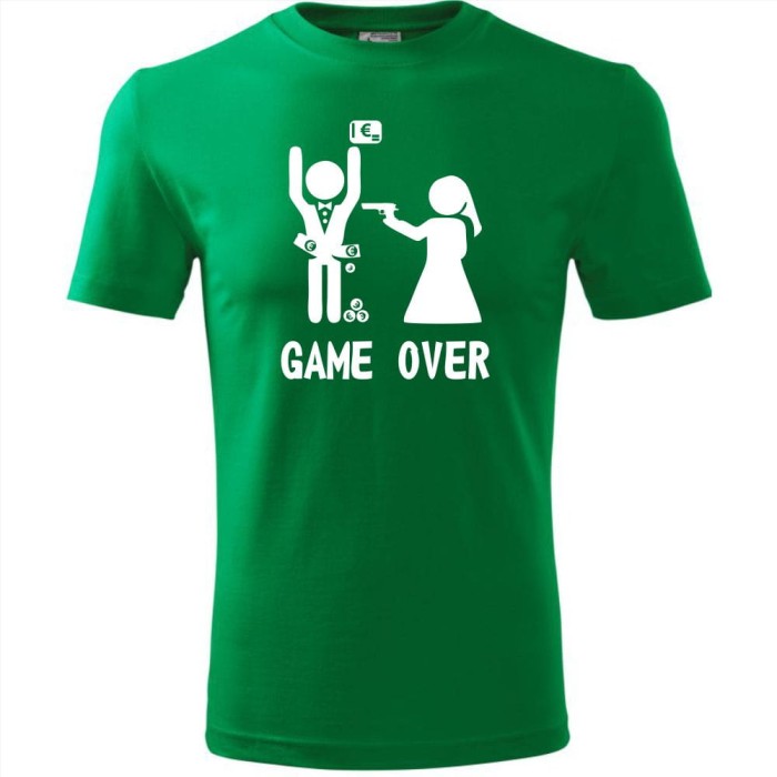 Zielona Męska koszulka - Game over 07 - wieczór kawalerski prezent pan młody pistolet .Dostępne wszystkie rozmiary S, M, L, XL, XXL, XXXL, XXXXL. Zapraszamy do zakupu.