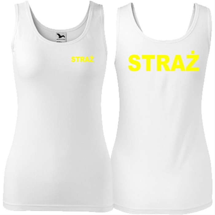 biały Damski tank top - straż pożarna nadruk żółty pierś i tył