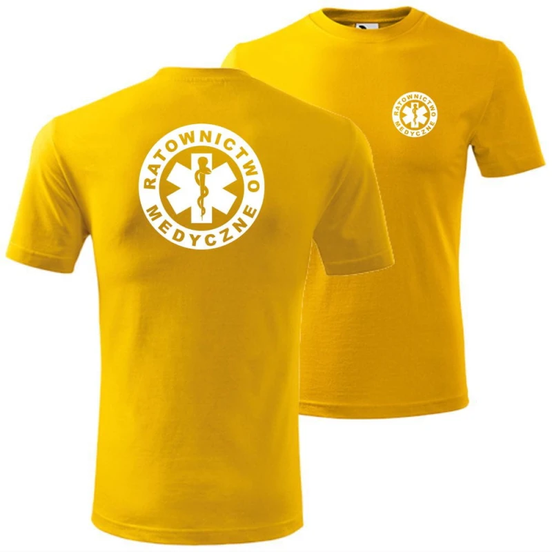 żółta męska koszulka - ratownictwo medyczne. Dostępne wszystkie rozmiary S, M, L, XL, XXL, XXXL, XXXXL. Zapraszamy do zakupu.