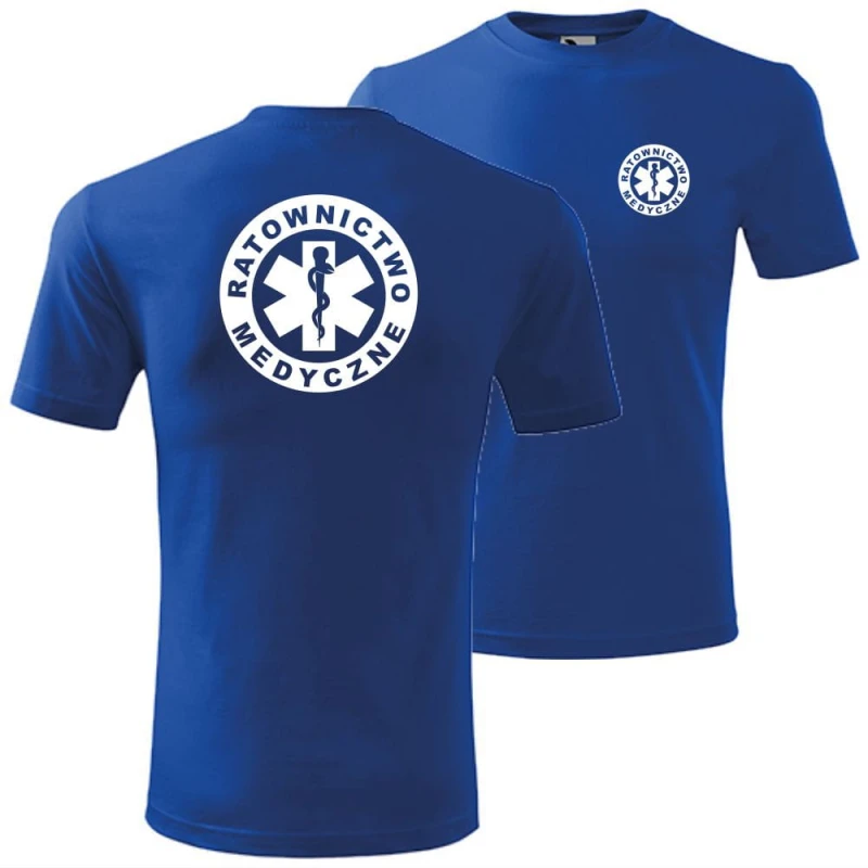 niebieska męska koszulka - ratownictwo medyczne. Dostępne wszystkie rozmiary S, M, L, XL, XXL, XXXL, XXXXL. Zapraszamy do zakupu.