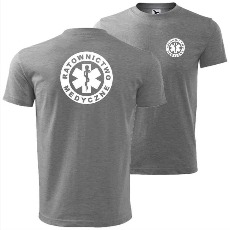 szara męska koszulka - ratownictwo medyczne. Dostępne wszystkie rozmiary S, M, L, XL, XXL, XXXL, XXXXL. Zapraszamy do zakupu.