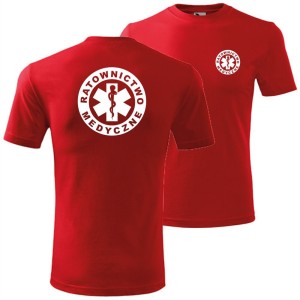 czerwona męska koszulka - ratownictwo medyczne. Dostępne wszystkie rozmiary S, M, L, XL, XXL, XXXL, XXXXL. Zapraszamy do zakupu.