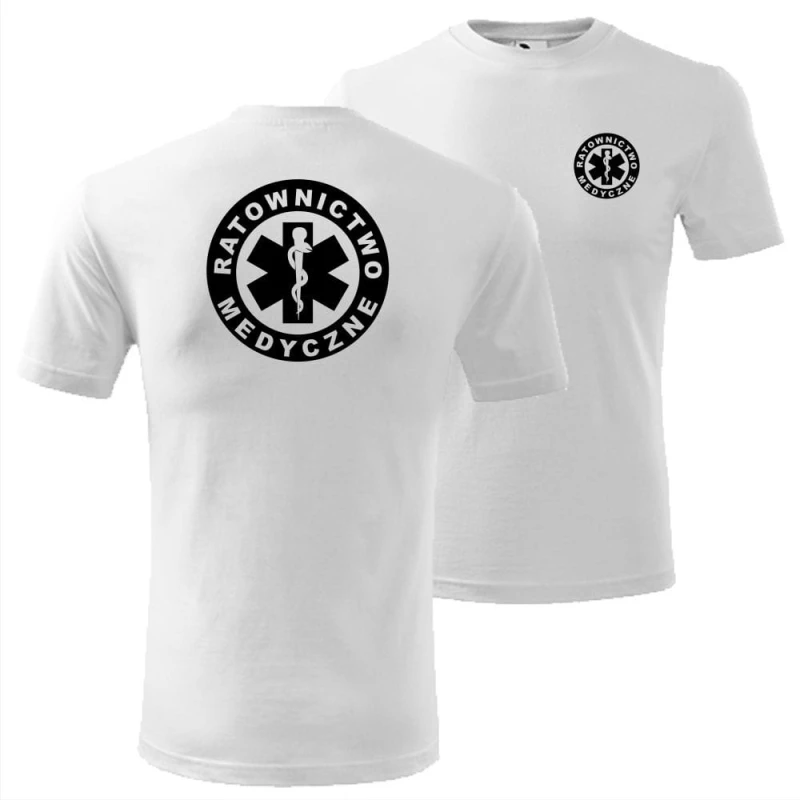 biała męska koszulka - ratownictwo medyczne. Dostępne wszystkie rozmiary S, M, L, XL, XXL, XXXL, XXXXL. Zapraszamy do zakupu.