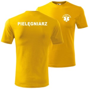 Żółta męska koszulka - pielęgniarz Dostępne wszystkie rozmiary S, M, L, XL, XXL, XXXL, XXXXL. Zapraszamy do zakupu.