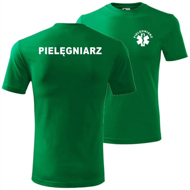 Zielona męska koszulka - pielęgniarz Dostępne wszystkie rozmiary S, M, L, XL, XXL, XXXL, XXXXL. Zapraszamy do zakupu.