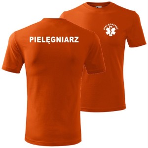 Pomarańczowa męska koszulka - pielęgniarz Dostępne wszystkie rozmiary S, M, L, XL, XXL, XXXL, XXXXL. Zapraszamy do zakupu.