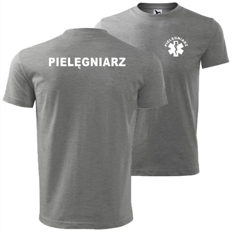 Szara męska koszulka - pielęgniarz Dostępne wszystkie rozmiary S, M, L, XL, XXL, XXXL, XXXXL. Zapraszamy do zakupu.