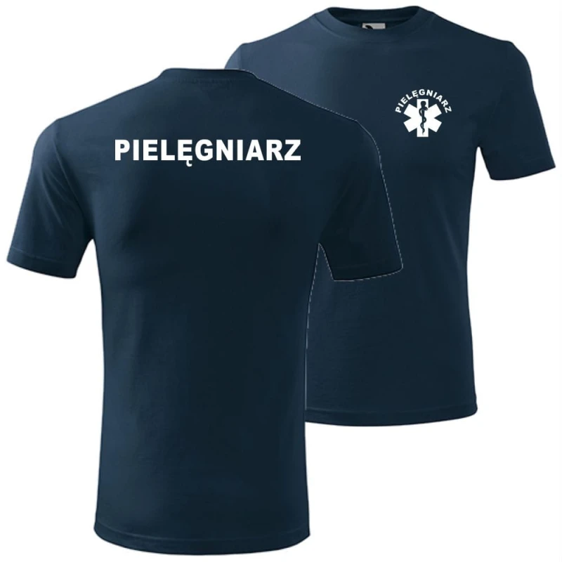 Ciemno-granatowa męska koszulka - pielęgniarz Dostępne wszystkie rozmiary S, M, L, XL, XXL, XXXL, XXXXL. Zapraszamy do zakupu.