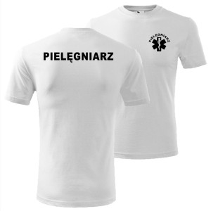 Biała męska koszulka - pielęgniarz Dostępne wszystkie rozmiary S, M, L, XL, XXL, XXXL, XXXXL. Zapraszamy do zakupu.