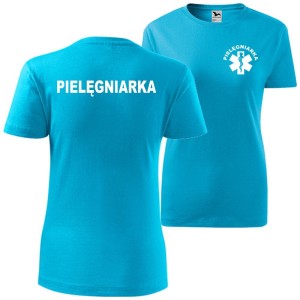 turkusowa damska koszulka - pielęgniarka t-shirt.  Dostępne wszystkie rozmiary XS, S, M, L, XL, XXL. Zapraszamy do zakupu.
