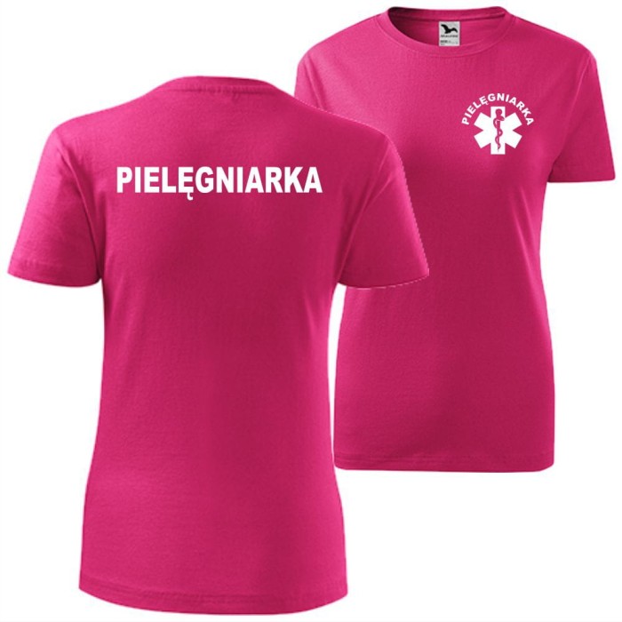 malinowa damska koszulka - pielęgniarka t-shirt.  Dostępne wszystkie rozmiary XS, S, M, L, XL, XXL. Zapraszamy do zakupu.