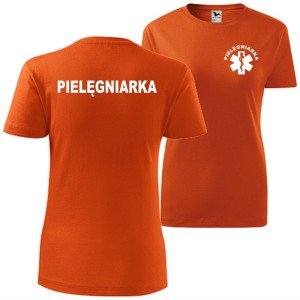 pomarańczowa damska koszulka - pielęgniarka t-shirt.  Dostępne wszystkie rozmiary XS, S, M, L, XL, XXL. Zapraszamy do zakupu.