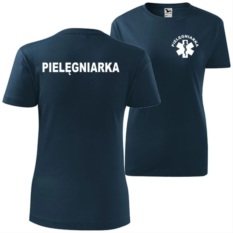 granatowa damska koszulka - pielęgniarka t-shirt.  Dostępne wszystkie rozmiary XS, S, M, L, XL, XXL. Zapraszamy do zakupu.