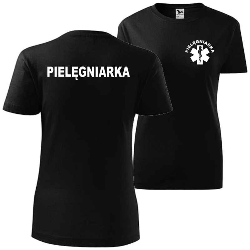 czarna damska koszulka - pielęgniarka t-shirt.  Dostępne wszystkie rozmiary XS, S, M, L, XL, XXL. Zapraszamy do zakupu.