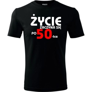 czarna Męska koszulka - życie zaczyna się po 50, t-shirt na prezent.