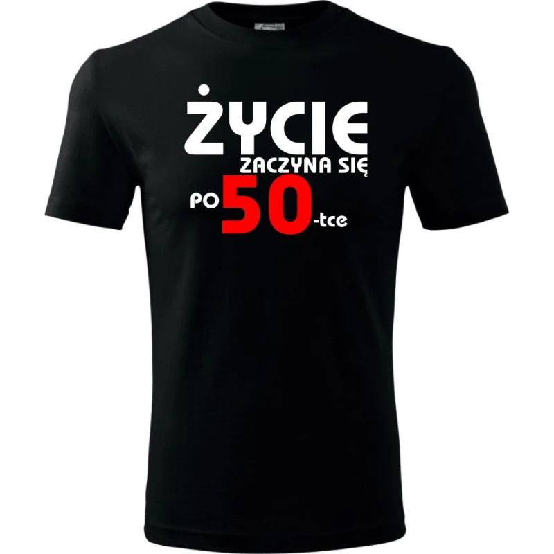 czarna Męska koszulka - życie zaczyna się po 50, t-shirt na prezent.