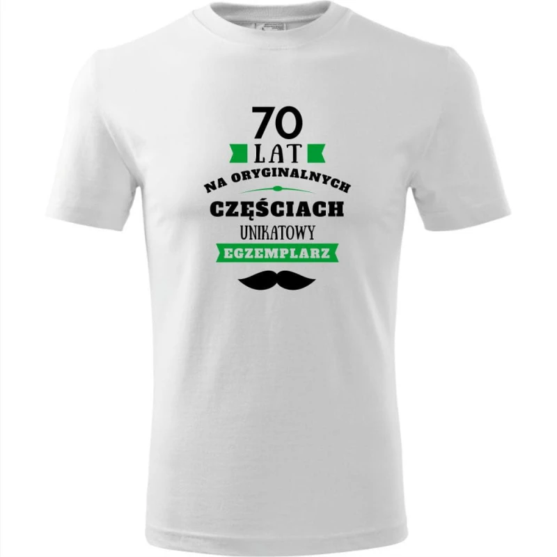 biała męska koszulka - 70 lat na oryginalnych częściach, unikatowy egzemplarz.