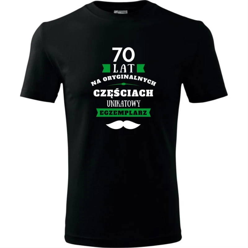 czarna męska koszulka - 70 lat na oryginalnych częściach, unikatowy egzemplarz.