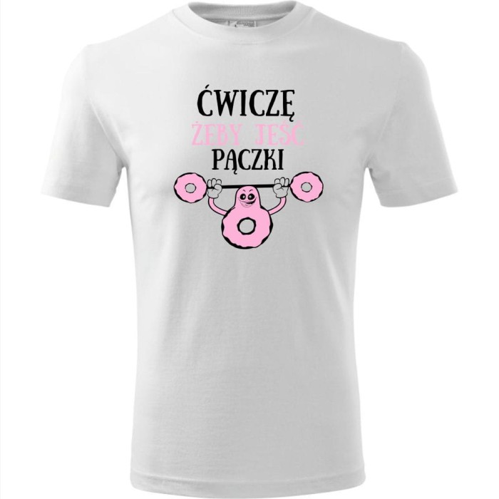 biała męska koszulka - ćwiczę żeby jeść pączki.