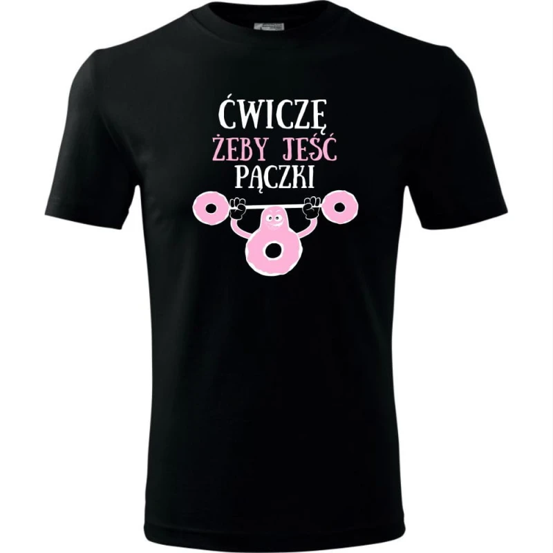 czarna męska koszulka - ćwiczę żeby jeść pączki.