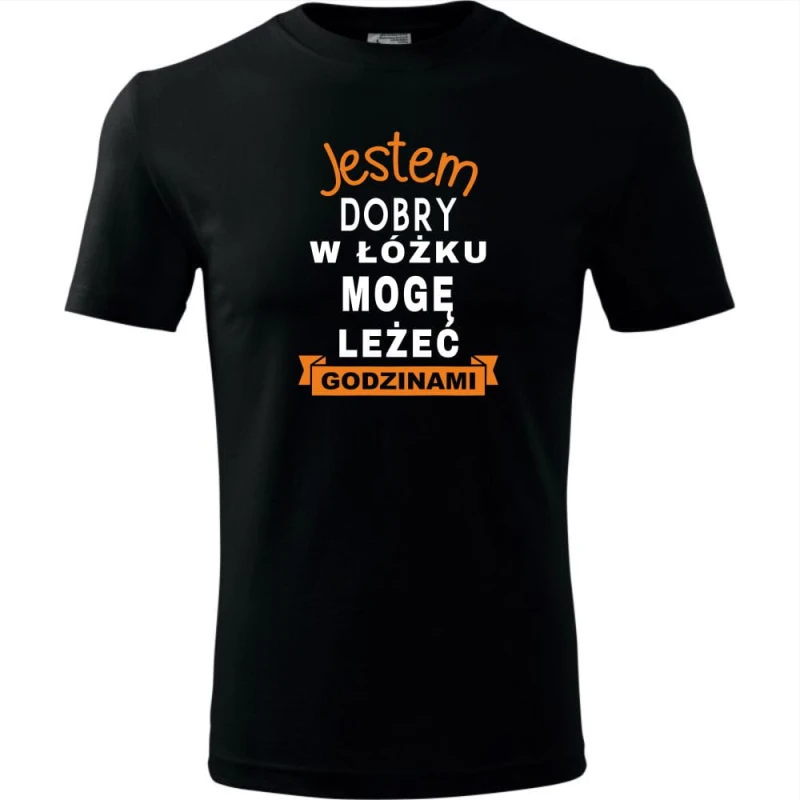 czarna męska koszulka - jestem dobry w łóżku, mogę leżeć godzinami.