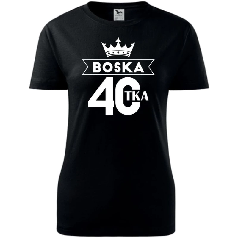 czarna Damska koszulka taliowana - Boska 40 - na prezent urodziny.