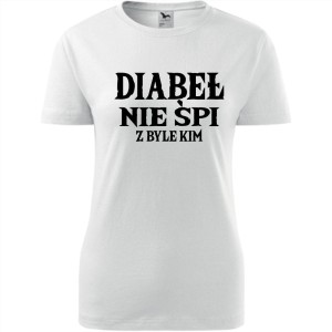 biała Damska koszulka taliowana - Diabeł nie śpi.