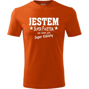 Pomarańczowa Męska koszulka - Jestem super facetem. Dostępne wszystkie rozmiary S, M, L, XL, XXL, XXXL, XXXXL. Zapraszamy do zakupu.