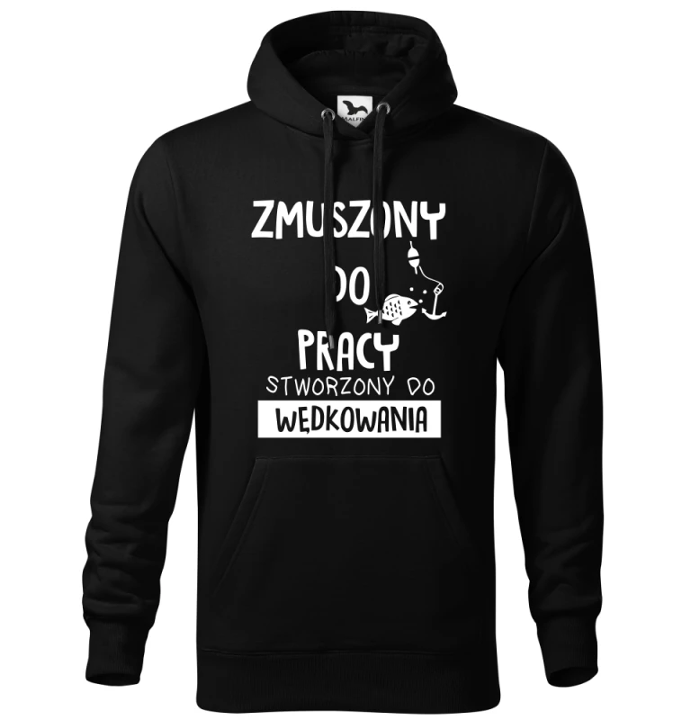 czarna męska bluza z kapturem dla wędkarzy - zmuszony do pracy, stworzony do wędkowania na ryby