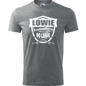 szara męska koszulka - łowię bo lubię dla wędkarza na ryby.