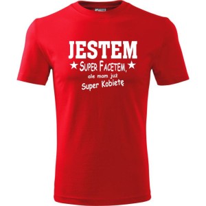 Czerwona Męska koszulka - Jestem super facetem. Dostępne wszystkie rozmiary S, M, L, XL, XXL, XXXL, XXXXL. Zapraszamy do zakupu.