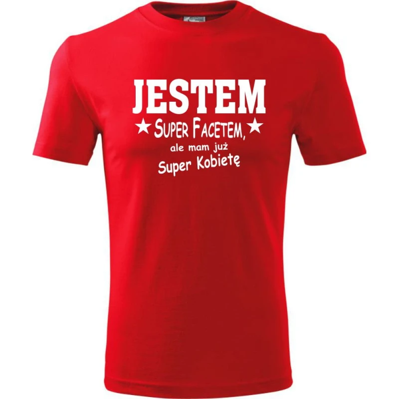 Czerwona Męska koszulka - Jestem super facetem. Dostępne wszystkie rozmiary S, M, L, XL, XXL, XXXL, XXXXL. Zapraszamy do zakupu.