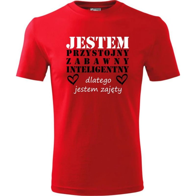 Czerwona Męska koszulka - Jestem Przystojny, zabawny, inteligentny, dlatego jestem zajęty. Prezent na dzień chłopaka, urodziny, święta. Dostępne wszystkie rozmiary S, M, L, XL, XXL, XXXL, XXXXL. Zapraszamy do zakupu.