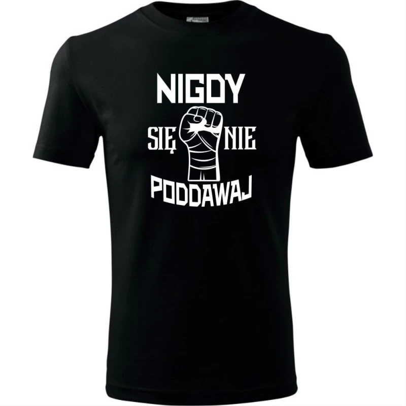 Czarna męska koszulka - nigdy się nie poddawaj.