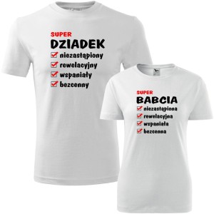 biały zestaw koszulek damska i męska - zalety super babci i super dziadka.